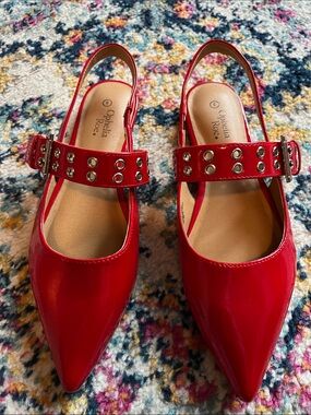 Ophelia Roe Red Patent Pointed Slingback Mules with Studded Strap